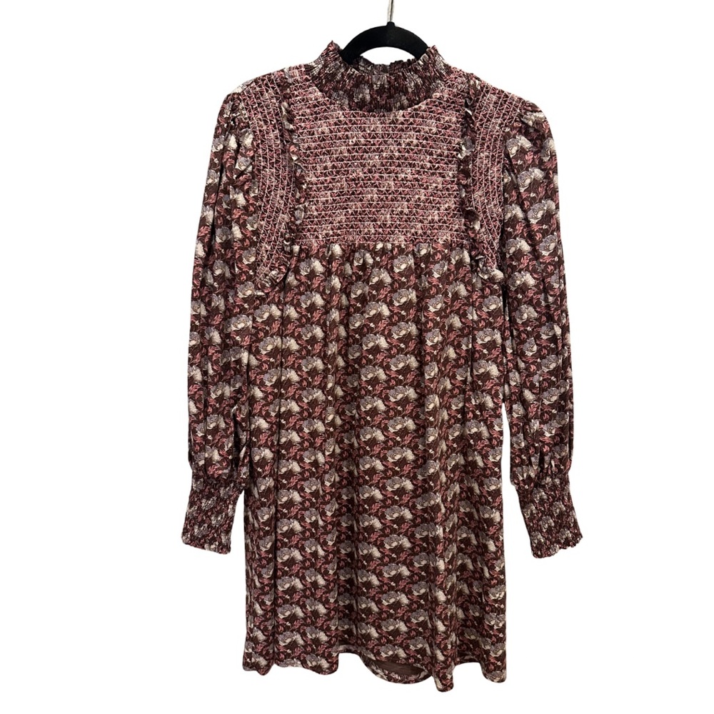 AUREUM Burgundy and Cream Floral Long Sleeve Dress
